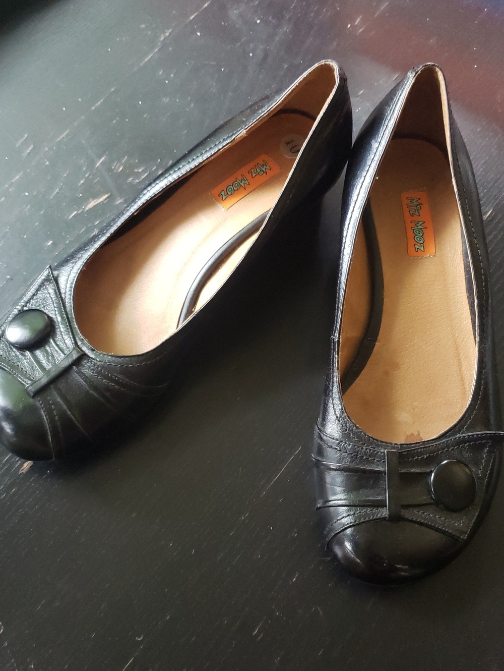 Miz Mooz Black Leather Button-Accent Rounded Toe Low Heel